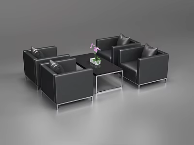 Modern Black Leather Sofa And Coffee Table Combination With Metal Legs Glass Top And Flower Vase 3d model