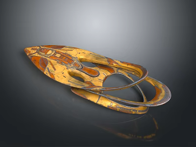 Abstract Sculpture Featuring Gold Orange Hues Circular Structure And Intricate Geometric Patterns On Black Background 3d model