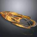 Abstract Sculpture Featuring Gold Orange Hues Circular Structure And Intricate Geometric Patterns On Black Background