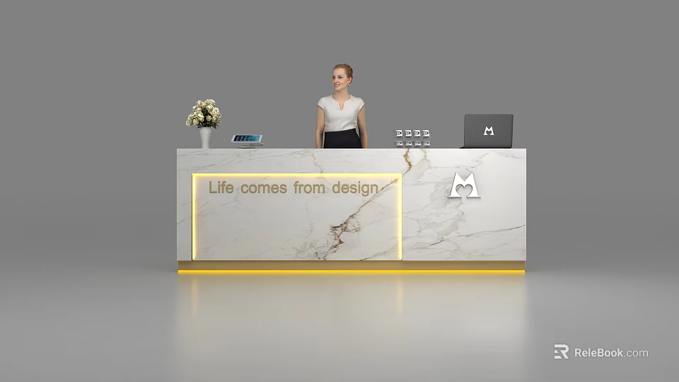 Modern Marble Reception Desk With Female Receptionist Flower Vase And LED Strip 3d model 