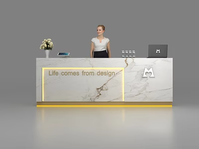 Modern Marble Reception Desk With Female Receptionist Flower Vase And LED Strip 3d model