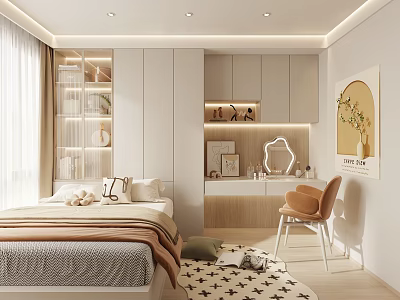 Tatami Bedroom Modern Interior Design With Built-in Wardrobe Study Desk Armchair And Decorative Painting 3d model