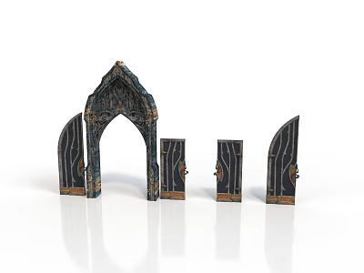 Gothic Style Architectural Scene Components With Arched Doorway And Carved Panels 3d model