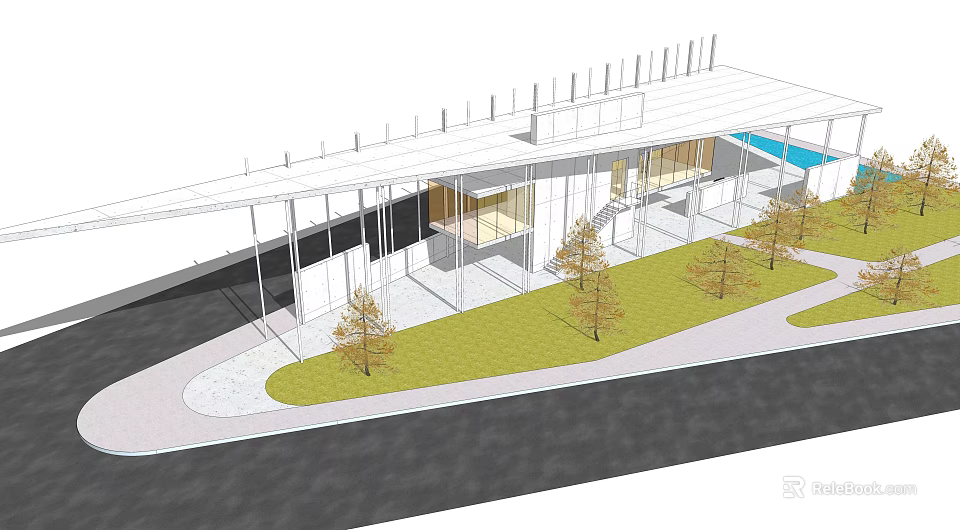 Modern Architectural Exterior With White Roof Glass Facade Green Lawn Trees and Small Pool 3d model 