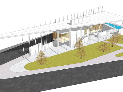 Modern Architectural Exterior With White Roof Glass Facade Green Lawn Trees and Small Pool 3d model