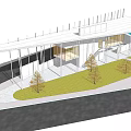 Modern Architectural Exterior With White Roof Glass Facade Green Lawn Trees and Small Pool