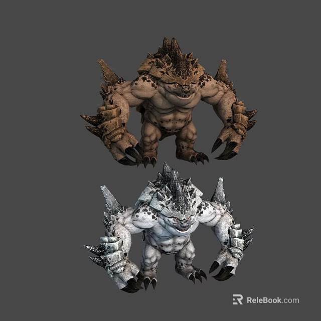 Two Spiked Muscular Mythical Creatures with Clawed Limbs in Brown and White Hues 3d model 