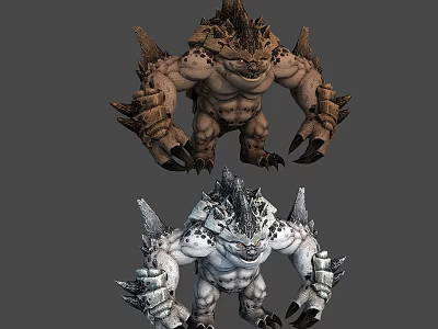 Two Spiked Muscular Mythical Creatures with Clawed Limbs in Brown and White Hues 3d model