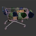 Metallic Shopping Cart With Blue Handle Filled With Black Green And Orange Bags