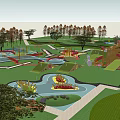 Scenic Park Landscape With Lush Green Lawns Colorful Trees Orange Pavilion And Winding Paths