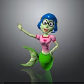 Cartoon Mermaid Character With Blue Hair Glasses Pink Heart Top Green Tail Waving Hand
