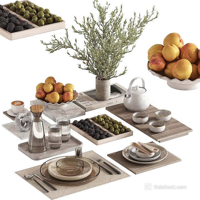 Chic Tableware Set Featuring Fruits Greenery Tea Sets And Glasses 3d model 