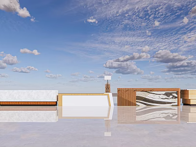 Modern Front Desk Design with Marble Wooden Wall Blue Sky Clouds and Reflective Floor 3d model