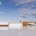 Modern Front Desk Design with Marble Wooden Wall Blue Sky Clouds and Reflective Floor