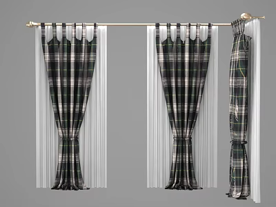 Plaid Pattern Curtains With Green And Black Design Sheer White Panels And Metal Rod 3d model