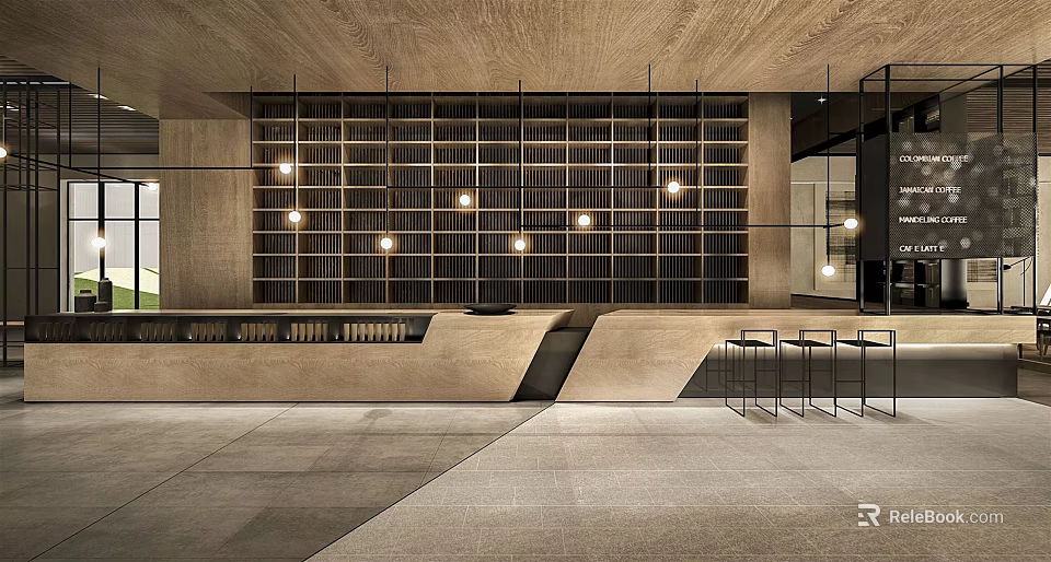 Modern Hotel Lobby Interior Design With Wooden Bookshelf Wall Reception Desk And Pendant Lights 3d model 