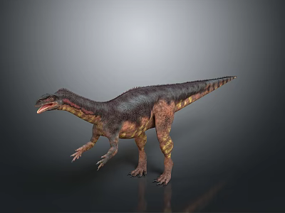 Realistic 3D Dinosaur Model With Dark Brown And Yellow Striped Skin Standing On Gray Background 3d model