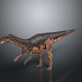 Realistic 3D Dinosaur Model With Dark Brown And Yellow Striped Skin Standing On Gray Background