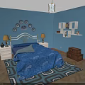 Cozy Blue Children's Room With Bed Decorative Plates Table Lamps Shelves Books And Rug