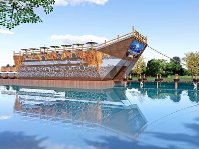 Boat Shaped Building Structure With Water Reflection And Surrounding Green Trees 3d model