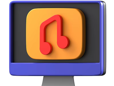 Computer Monitor With Blue Frame Displaying Red Musical Note Icon On Orange Background 3d model