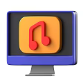Computer Monitor With Blue Frame Displaying Red Musical Note Icon On Orange Background