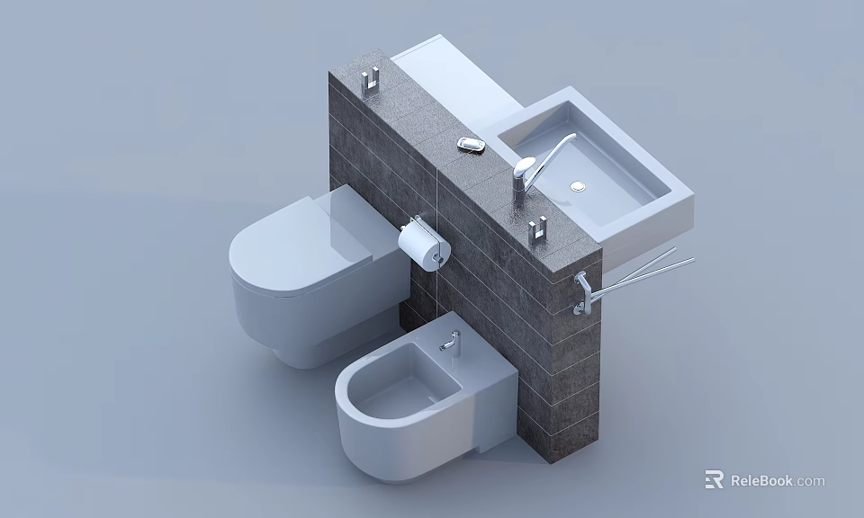 Modern Bathroom Combination With Toilet Sink Bidet And Wall Tile Fixtures 3d model 