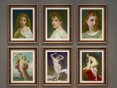 Six Classical Style Portrait Paintings with Frames Various Poses and Attires 3d model