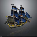 Vintage Sailing Ship Model With Blue Sails Black Hull And Yellow Accents