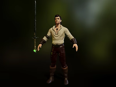 Man Holding Long Sword with Green Gem in Light Tunic and Brown Leather Boots 3d model