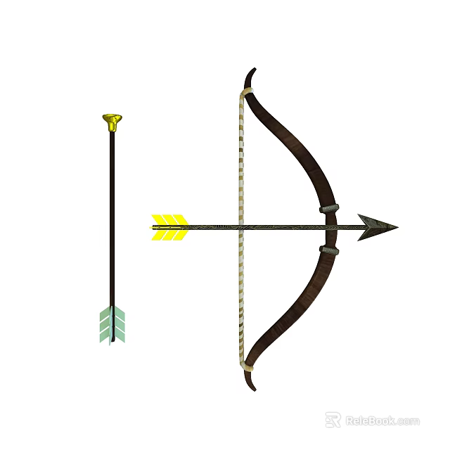 Medieval Archery Weapon Bow And Arrow With Brown Wooden Frame And Yellow Arrowhead 3d model 