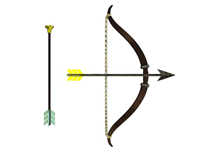 Medieval Archery Weapon Bow And Arrow With Brown Wooden Frame And Yellow Arrowhead 3d model