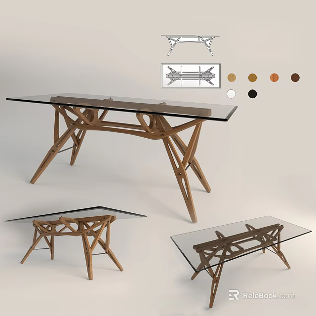 Modern Glass Top Dining Table With Unique Wooden Base Design And Color Options 3d model 