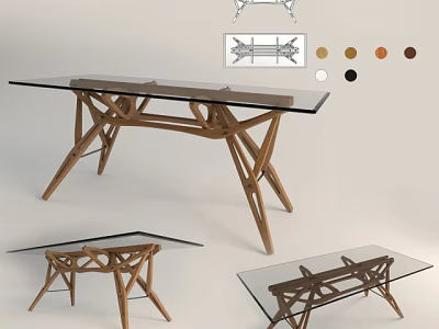 Modern Glass Top Dining Table With Unique Wooden Base Design And Color Options 3d model