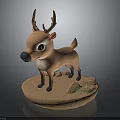 Cute Deer Fawn With Antlers Standing On Round Base With Small Stones And Plants