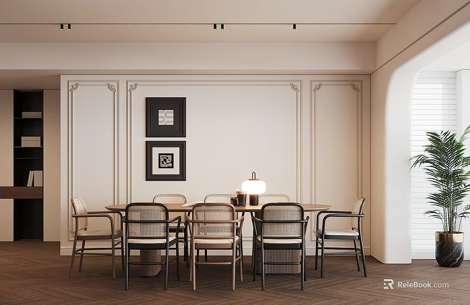 Elegant Restaurant Interior Design With Dining Table Chairs Wall Art And Lighting 3d model 