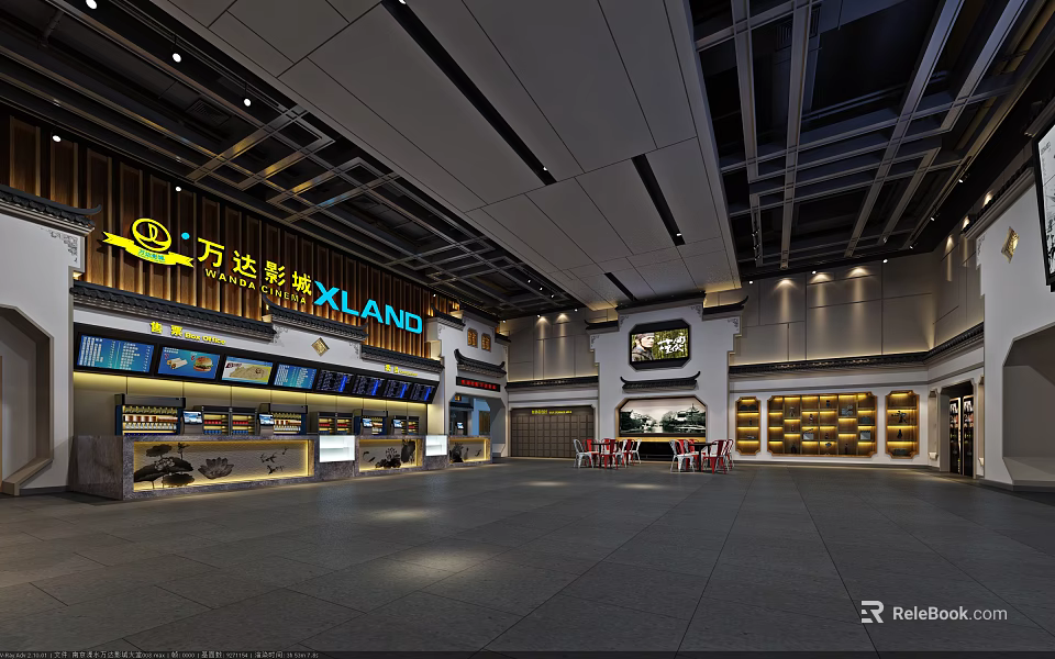 Wanda Cinema XLAND Modern Interior With Ticket Counters And Waiting Area Seats 3d model 