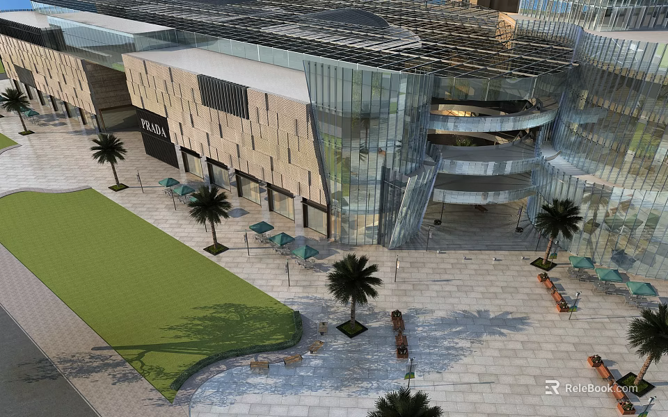 Modern Residential Building with Glass Curtain Wall Plaza Palm Trees Lawn and Leisure Areas 3d model 