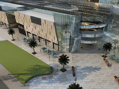 Modern Residential Building with Glass Curtain Wall Plaza Palm Trees Lawn and Leisure Areas 3d model