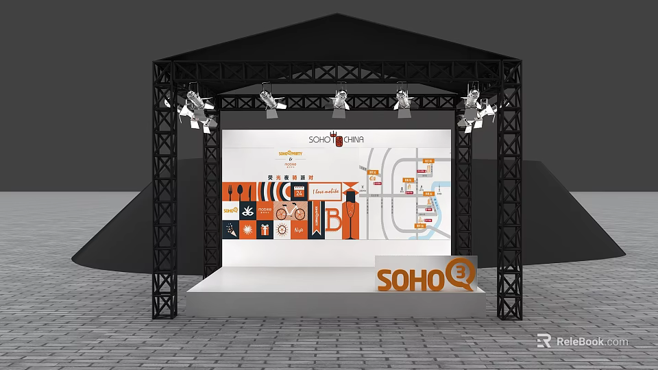 Black Metal Frame Stage Setup With Stage Lights SOHO BAR Backdrop Colorful Graphics And White Platform 3d model 