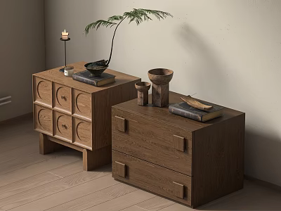 Modern Wooden Bedside Tables With Drawers Potted Plant Candle And Books 3d model