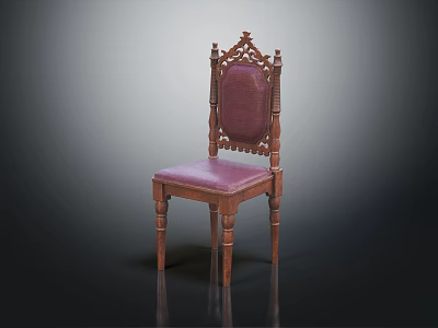 Elegant Wooden Dining Chair With Carved Backrest Purple Cushion And Slender Legs 3d model
