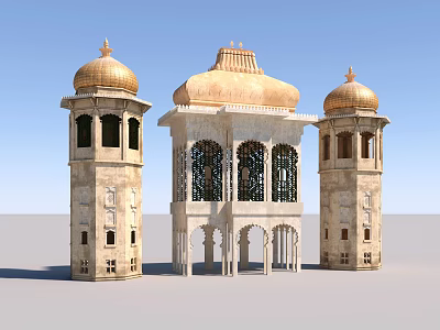 Classical Tower Architecture with Golden Domes Arched Windows and Carved Details 3d model