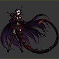 Woman With Purple Long Hair Holding Weapon And Red Black Tail In Black Red Outfit
