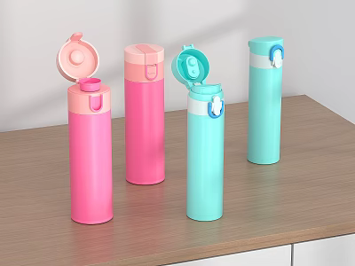 Four Pink And Light Blue Insulated Water Bottles With Different Lid Designs On Wooden Table 3d model