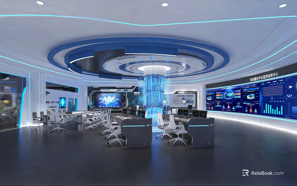 Modern Hi Tech Control Room Interior With Digital Displays Control Consoles And Workstations 3d model 