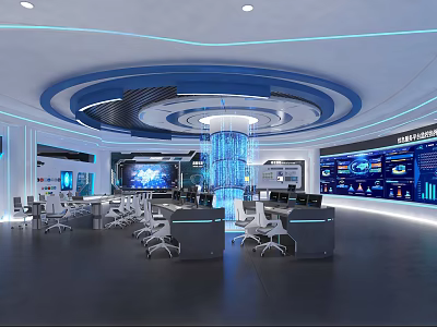Modern Hi Tech Control Room Interior With Digital Displays Control Consoles And Workstations 3d model