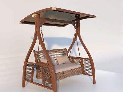 Outdoor Wooden Swing Chair With Rattan Design Canopy And Cushion Side Table 3d model