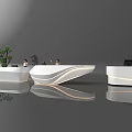 Modern White Reception Desks With Curved Design Green Plant And Staff Working