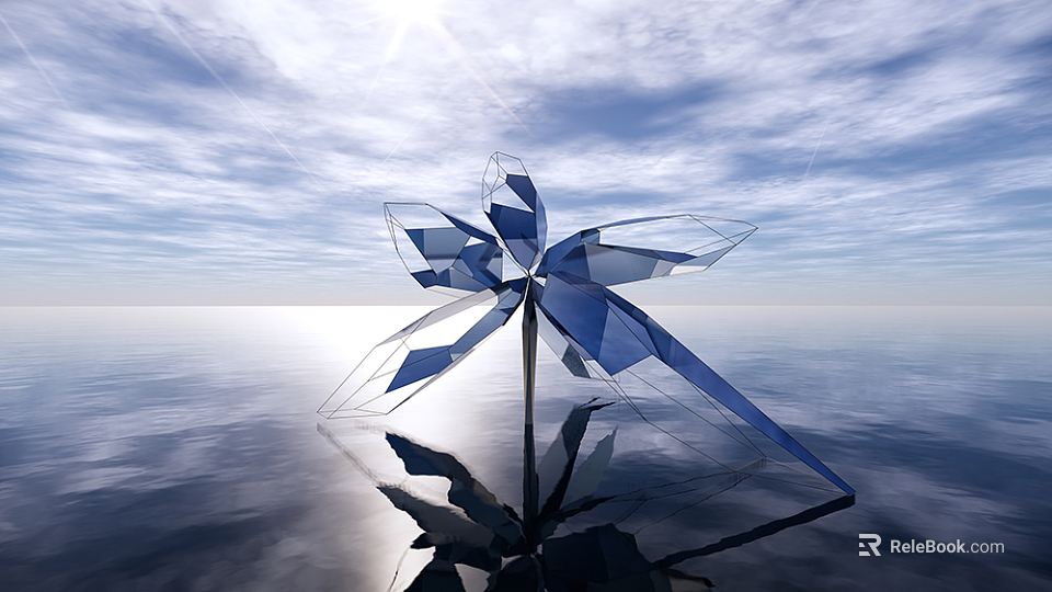 Blue Geometric Polygonal Sculpture on Calm Water Surface with Reflection Under Sunlight and Blue Sky White Clouds 3d model 